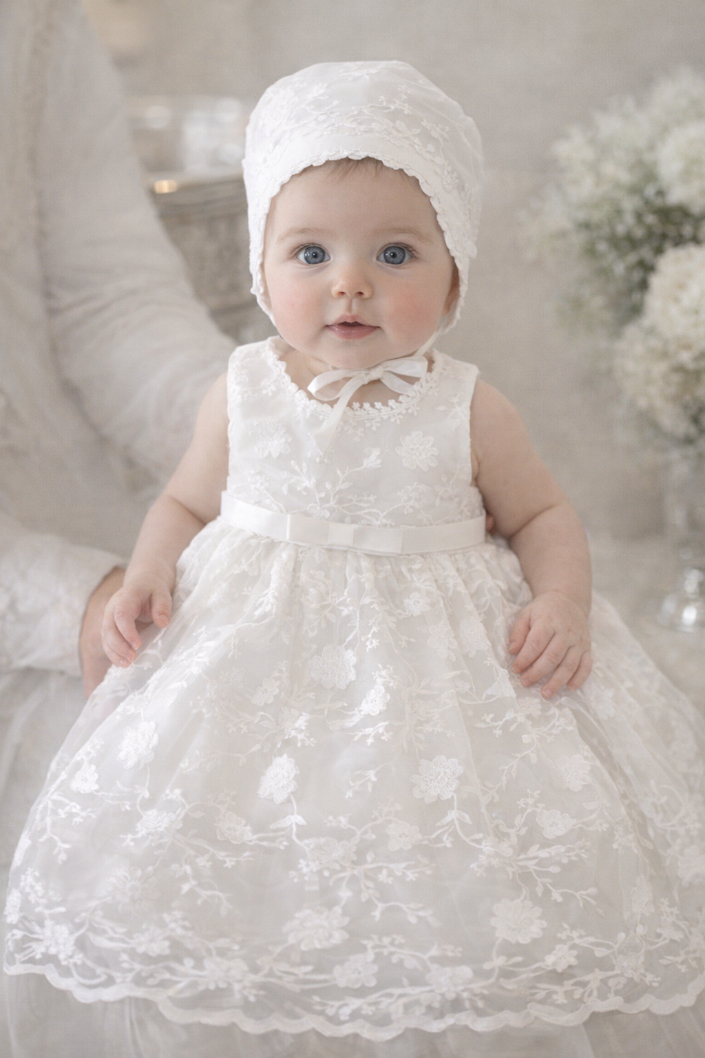 Baby Girl White Lace Christening Dress with Matching Bonnet – Baptism & Special Occasion Outfit 3 months
