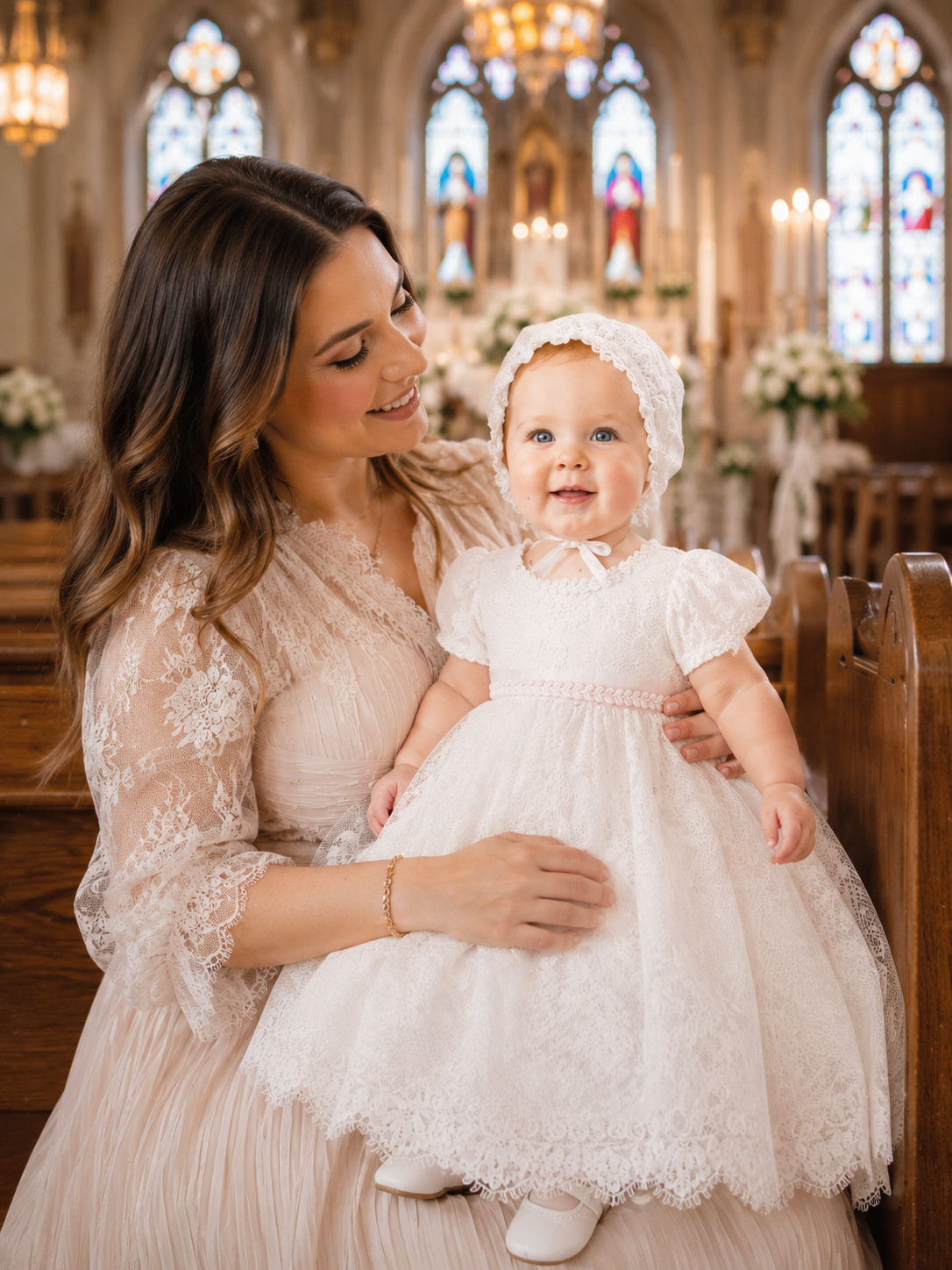 Luxury Baby Girl Baptism Dress | Elegant Christening Gown with Pink Satin Ribbon