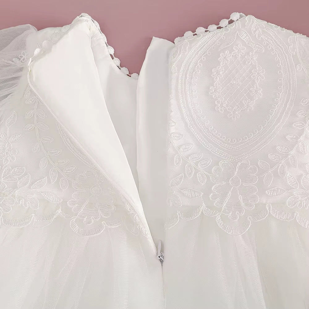White Lace Baby Girl Christening Dress with Bonnet – Baptism Gown for Newborn & Infant