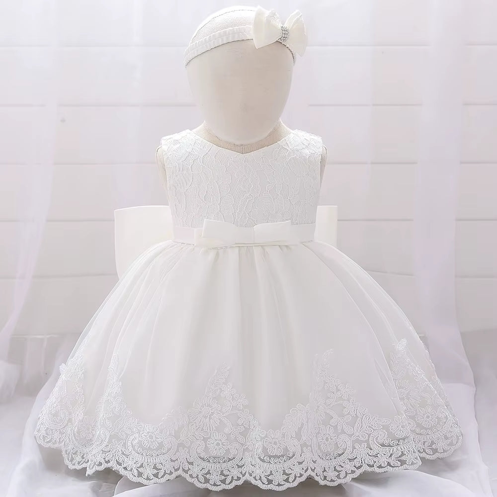 Elegant White Lace Baby Girl Dress with Bow – Infant Christening & Birthday Outfit