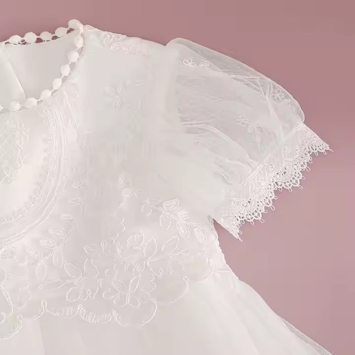 White Lace Baby Girl Christening Dress with Bonnet – Baptism Gown for Newborn & Infant