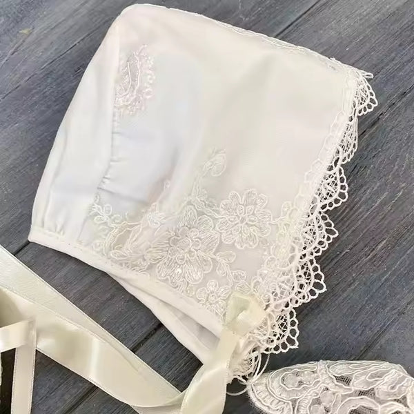 "Elegant White Baby Girl Christening Dress – Lace Embroidered Baptism Gown with Bonnet