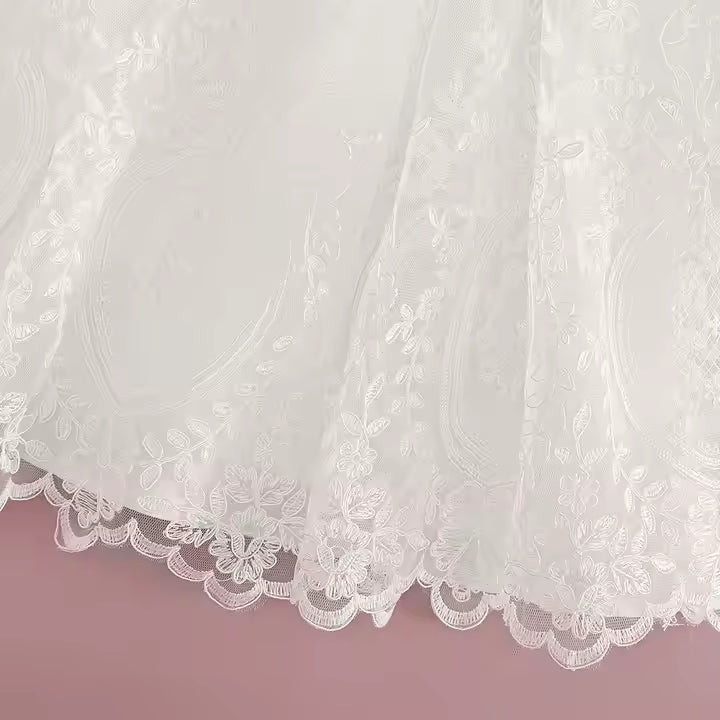 White Lace Baby Girl Christening Dress with Bonnet – Baptism Gown for Newborn & Infant
