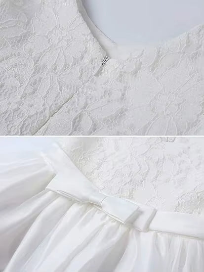 Elegant White Lace Baby Girl Dress with Bow – Infant Christening & Birthday Outfit