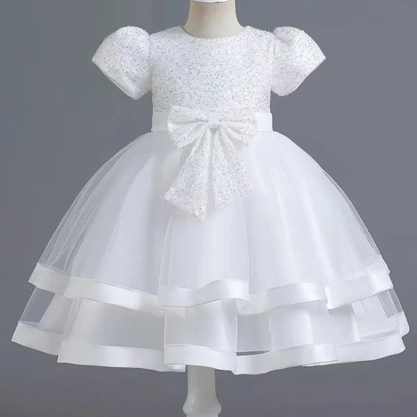 Elegant White & Light Blue Sequin Christening Baptism Dress for Baby Girls – Perfect for Special Occasions