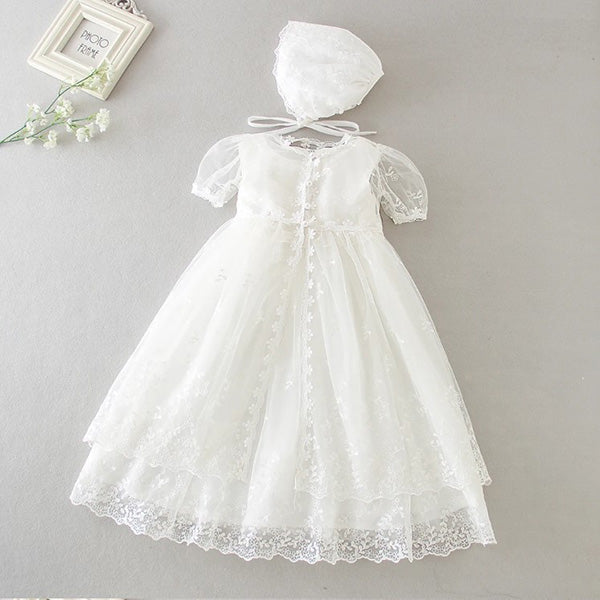 Angelic Christening/Baptism Gown With Removable Lace Overlay & Bonnet For Baby Girl