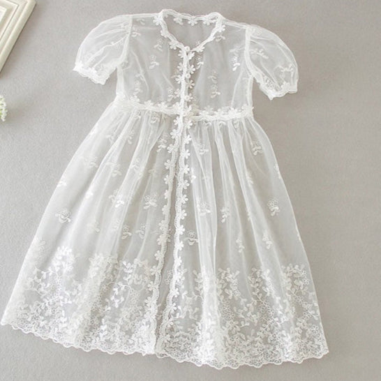Angelic Christening/Baptism Gown With Removable Lace Overlay & Bonnet For Baby Girl