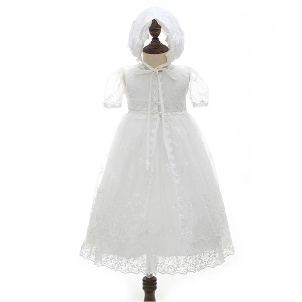 Angelic Christening/Baptism Gown With Removable Lace Overlay & Bonnet For Baby Girl