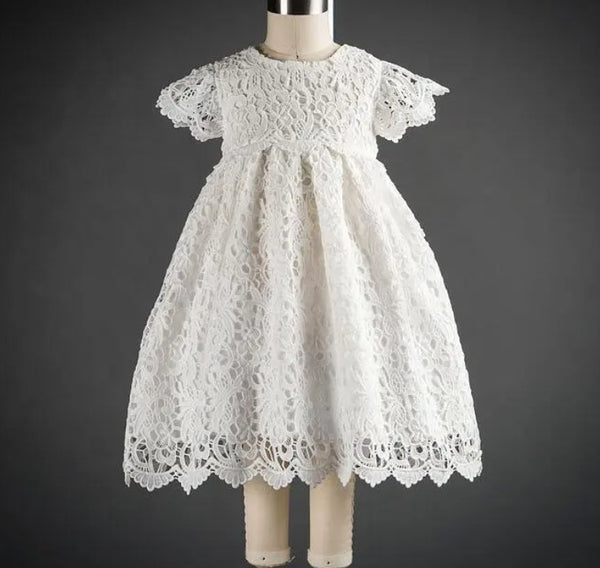 Elegant Lace Heirloom Baptism,flower girl Dress with Satin Bow for Girls