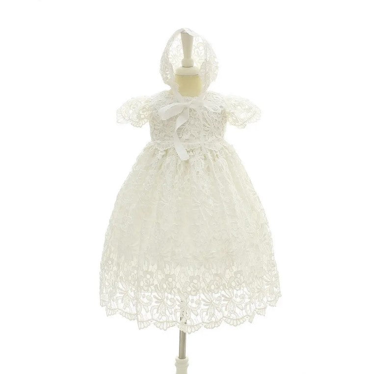Elegant Lace Heirloom Baptism,flower girl Dress with Satin Bow for Girls