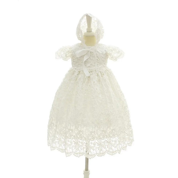 Elegant Lace Heirloom Baptism,flower girl Dress with Satin Bow for Girls