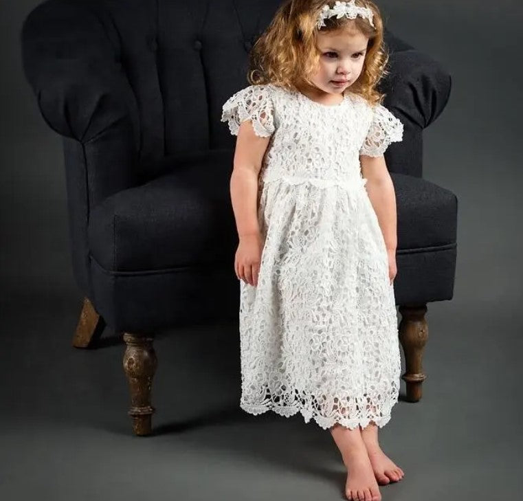 Elegant Lace Heirloom Baptism,flower girl Dress with Satin Bow for Girls