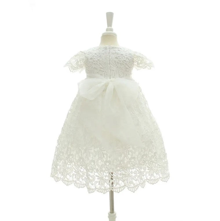Elegant Lace Heirloom Baptism,flower girl Dress with Satin Bow for Girls