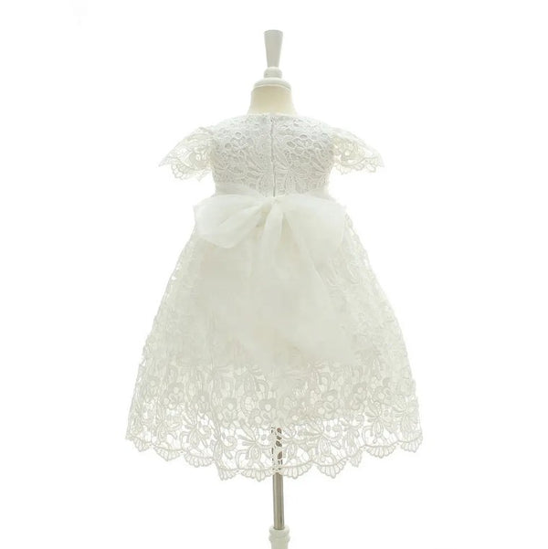 Elegant Lace Heirloom Baptism,flower girl Dress with Satin Bow for Girls