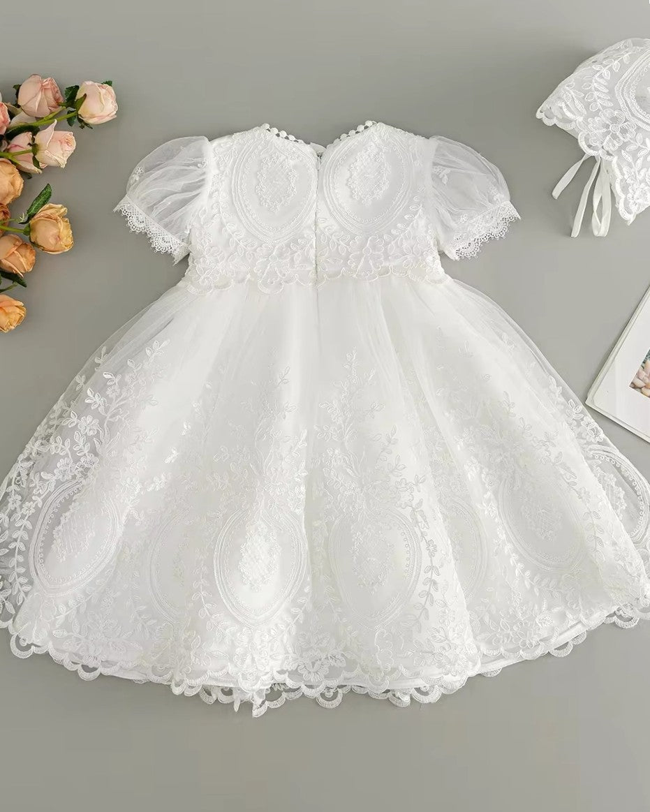 White Lace Baby Girl Christening Dress with Bonnet – Baptism Gown for Newborn & Infant