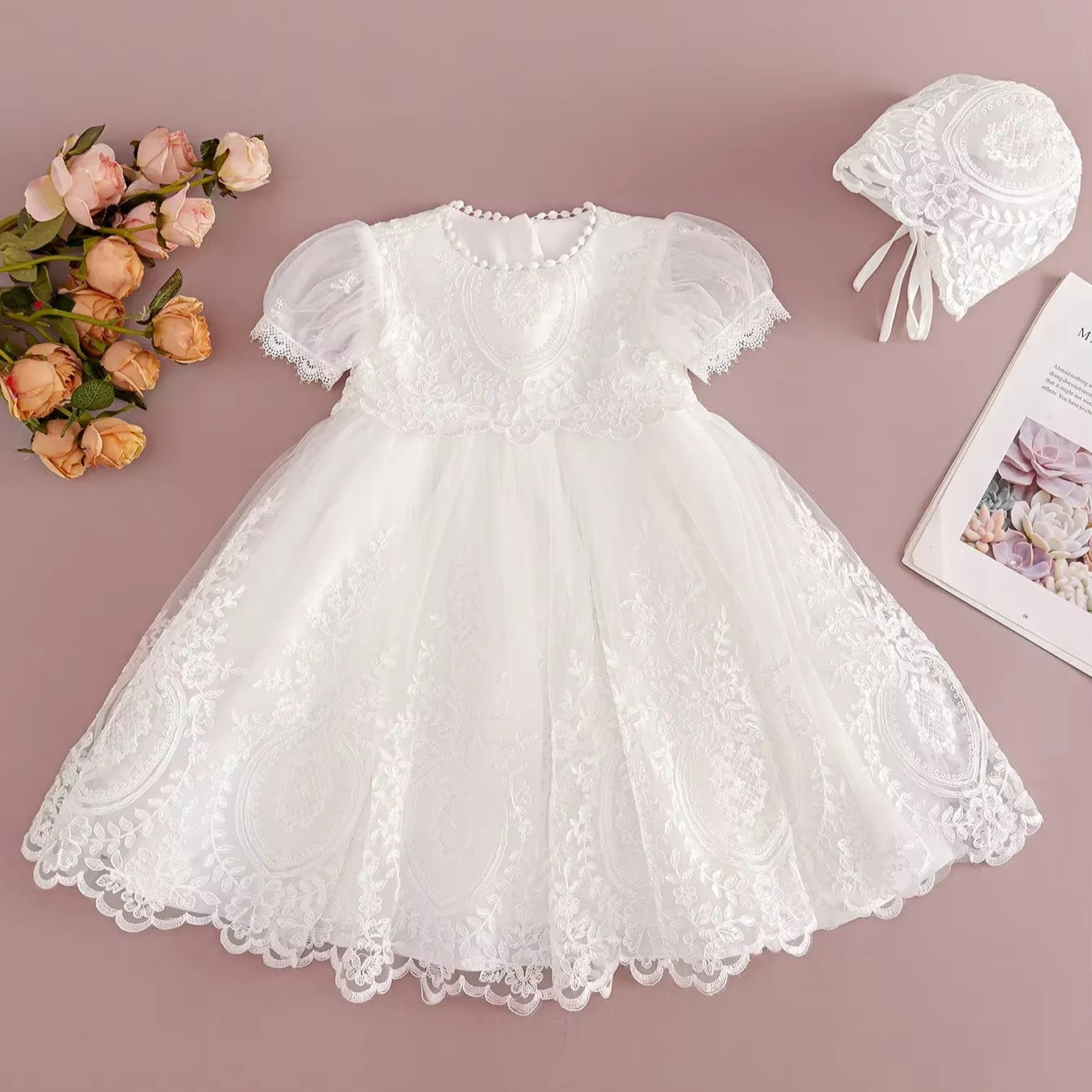 White Lace Baby Girl Christening Dress with Bonnet – Baptism Gown for