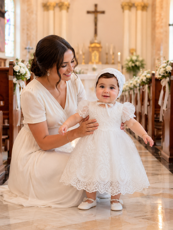 White Lace Baby Girl Christening Dress with Bonnet – Baptism Gown for Newborn & Infant