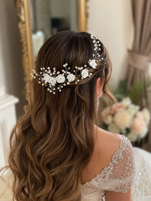 Elegant Pearl & Floral Bridal Headband – Crystal Wedding Hair Vine for Brides & Special Events