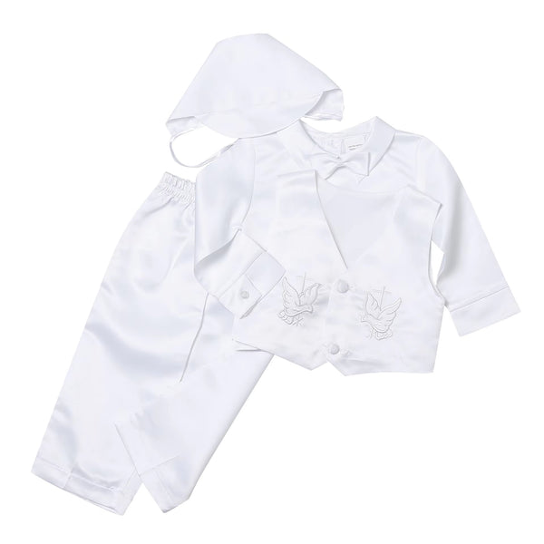 Baby Boy Christening Outfit – White Baptism Suit with Vest, Pants & Bonnet