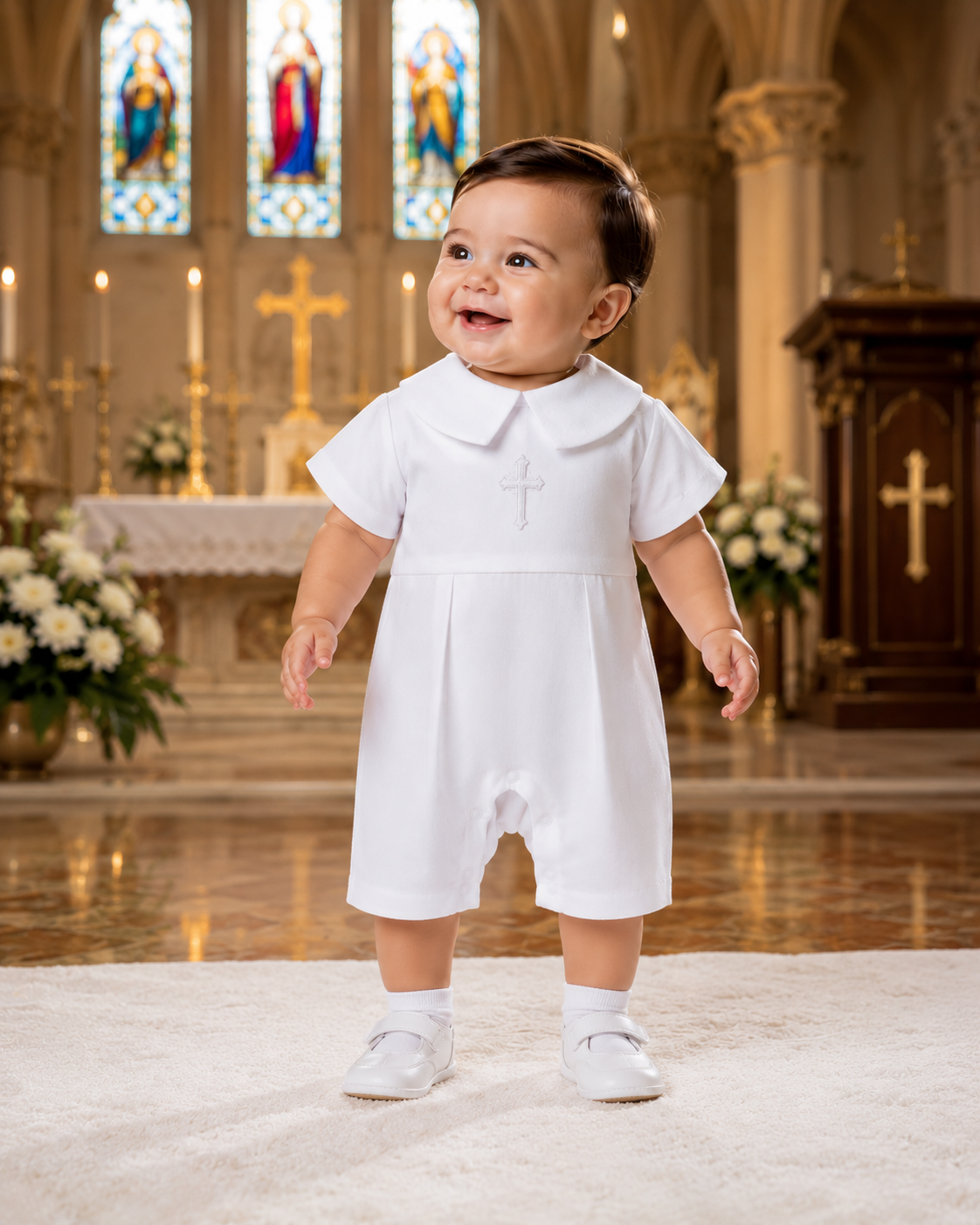 Baby Boy 4‑Piece Christening Outfit – Organic Cotton White Baptism Romper Set with Hat, Bib &Socks