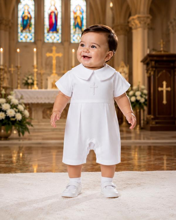 Baby Boy 4‑Piece Christening Outfit – Organic Cotton White Baptism Romper Set with Hat, Bib &Socks