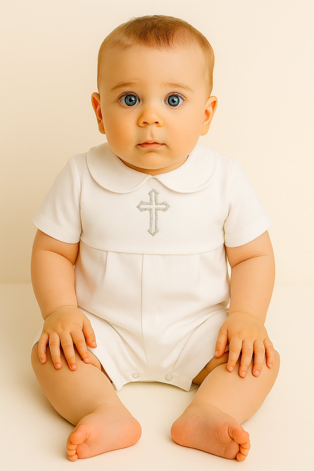 Baby Boy 3‑Piece Christening Outfit – Organic Cotton White Romper, Hat & Bib with Embroidered Cross