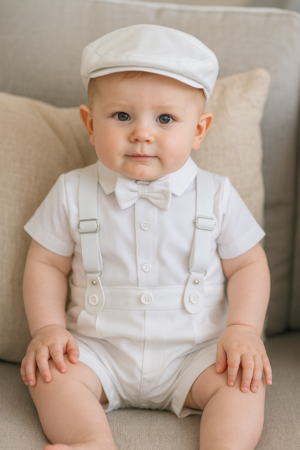 Baby Boy White Baptism Outfit with Vest, Bow Tie, Suspenders & Cap – Formal Christening Suit