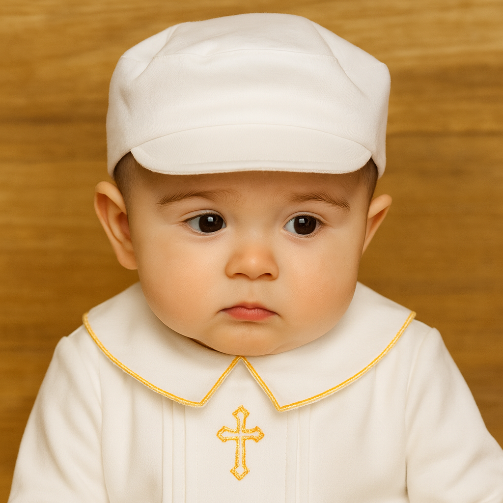 White Baby Christening Outfit Set – Cross Embroidered Romper, Cap & Bib