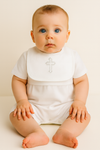 Baby Boy 3‑Piece Christening Outfit – Organic Cotton White Romper, Hat & Bib with Embroidered Cross