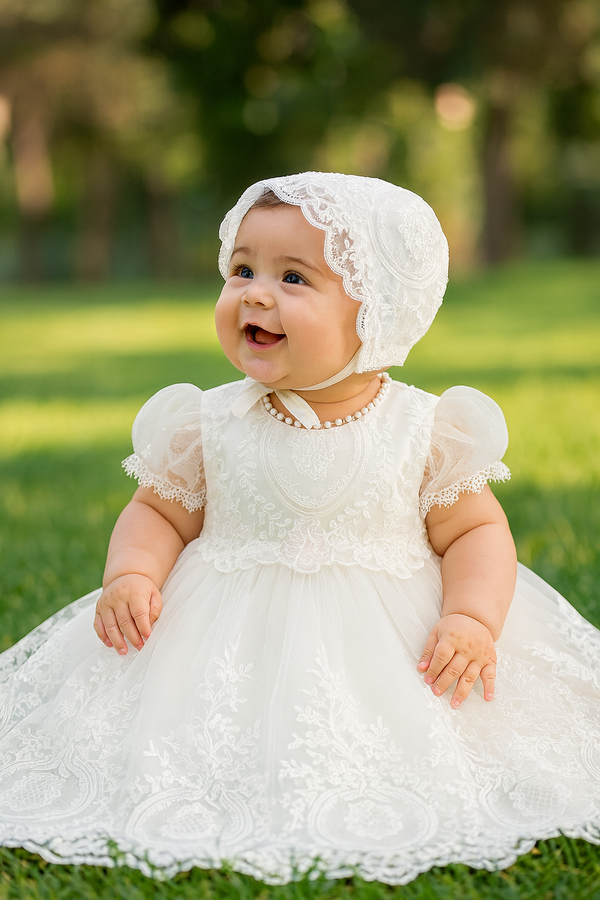 White Lace Baby Girl Christening Dress with Bonnet Baptism Gown for White Lace Baby Girl Christening Dress with Bonnet Baptism Gown for