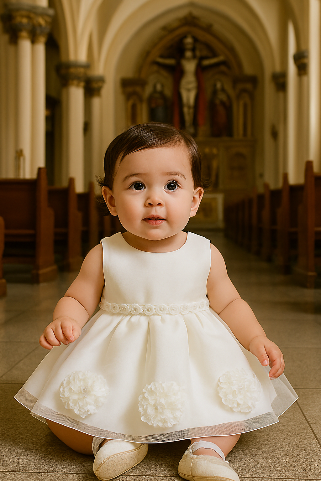 White Baby Christening Dress with Matching Flower Headband – Church Photography Ready