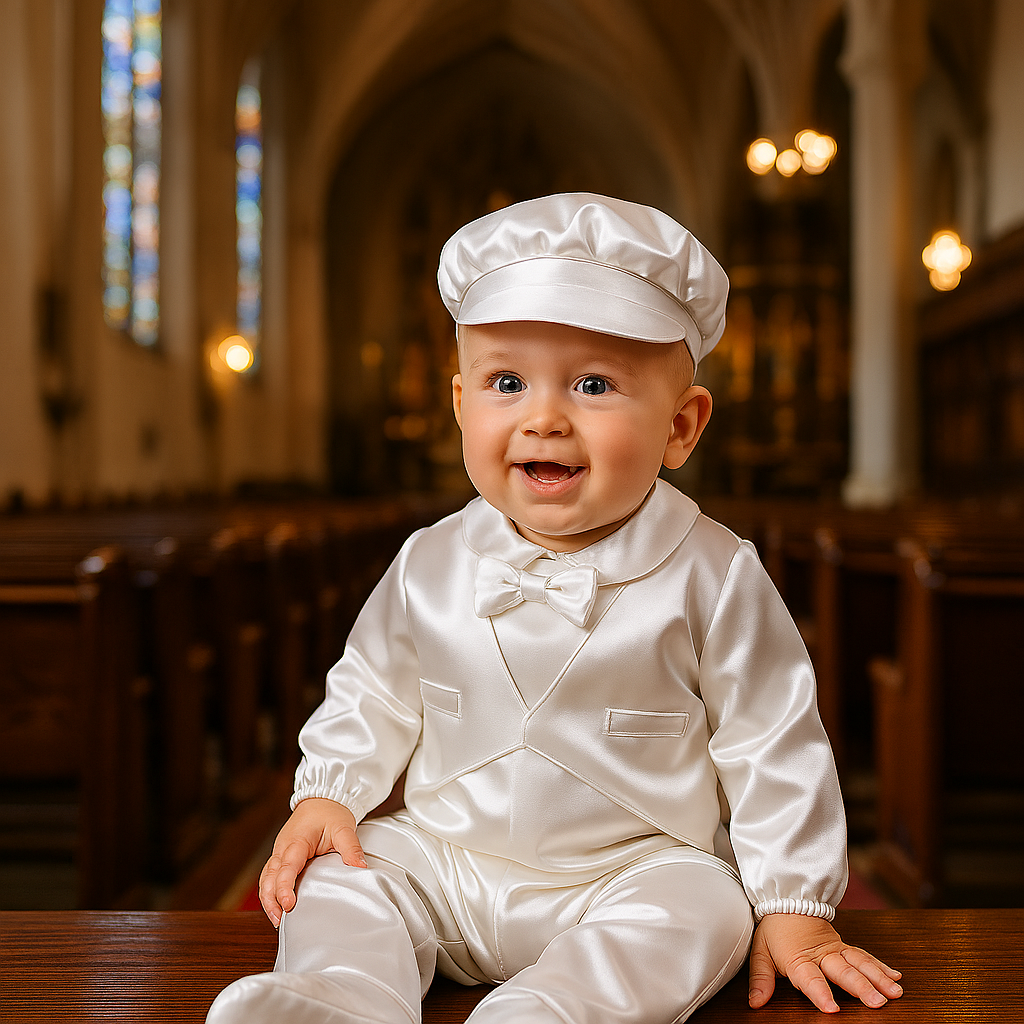 Baby Boy Baptism Outfit – White Christening Suit with Bow Tie & Hat