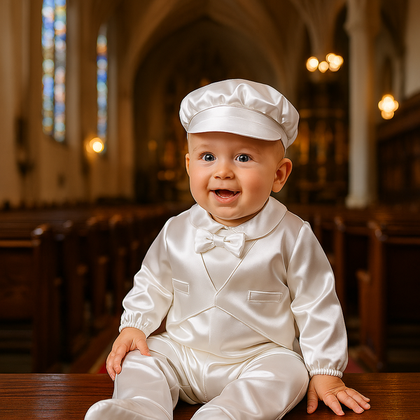 Baby Boy Baptism Outfit – White Christening Suit with Bow Tie & Hat