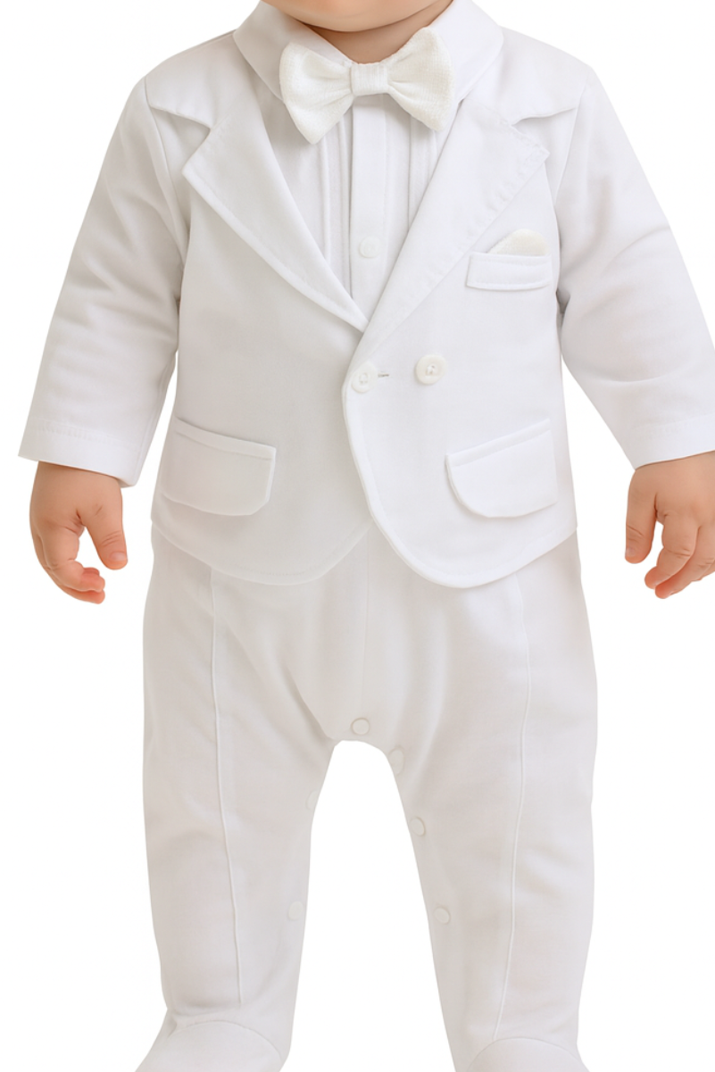“Baby Boy White Suit with Bow Tie and Jacket – Elegant Outfit for Baptism, Christening .