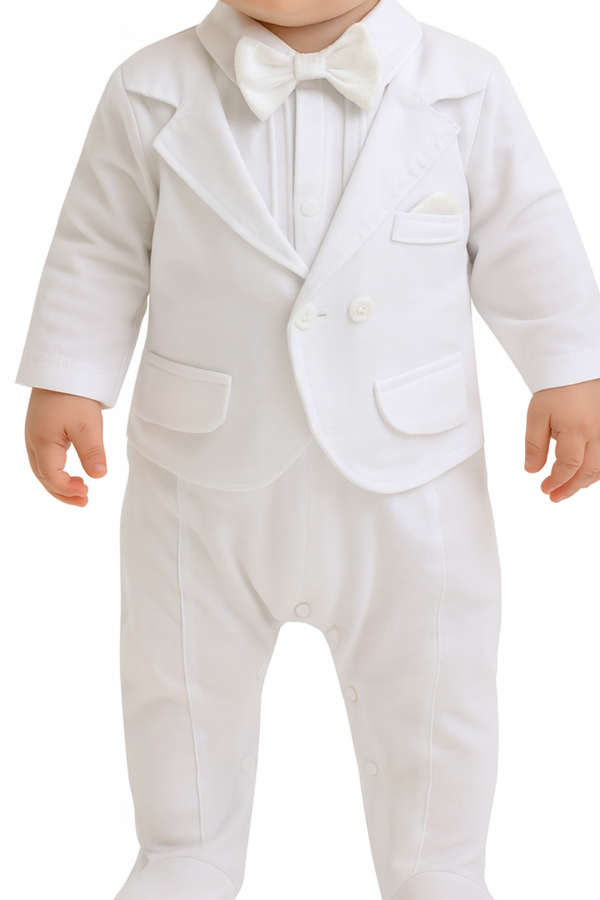“Baby Boy White Suit with Bow Tie and Jacket – Elegant Outfit for Baptism, Christening .