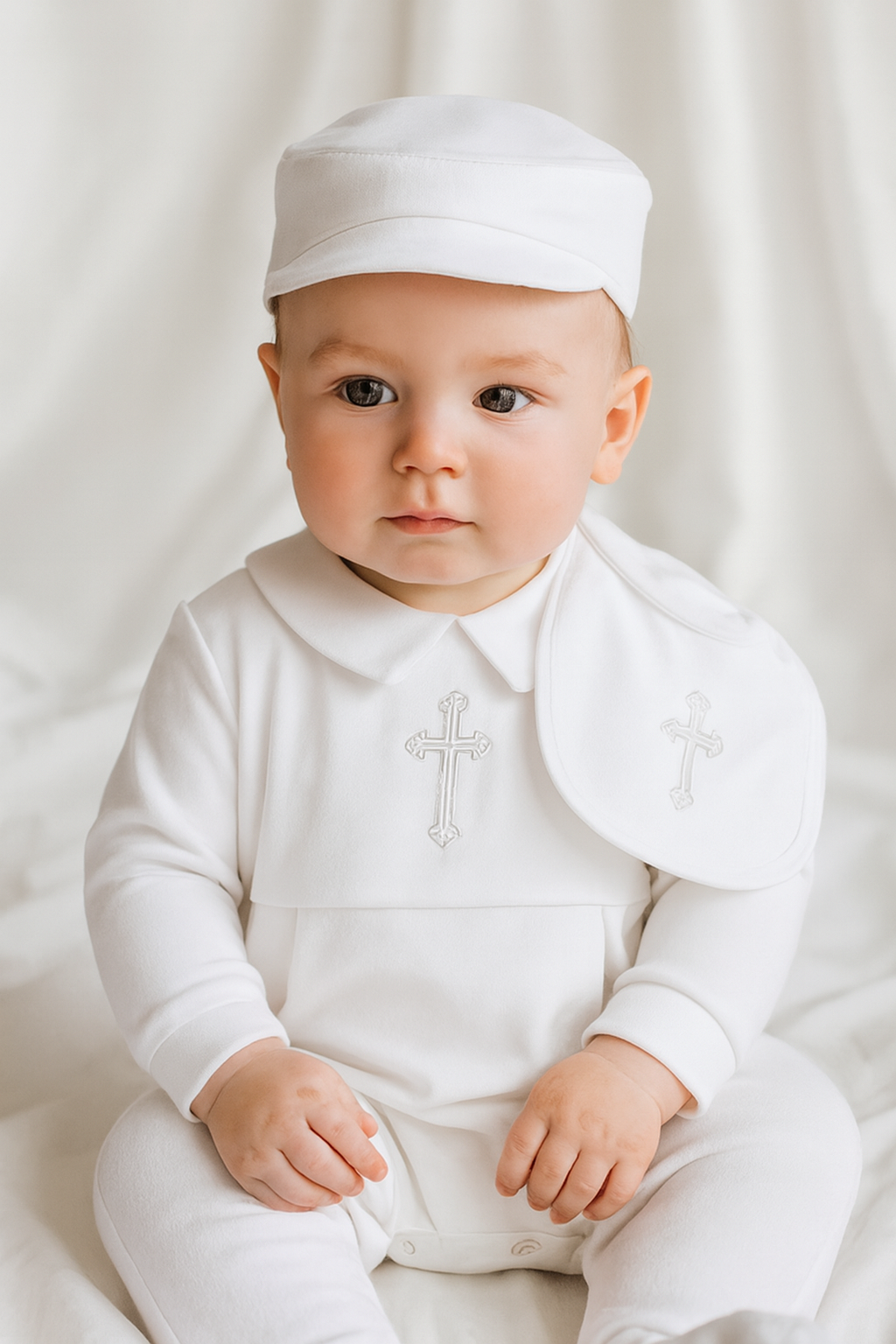 Baby Boy Baptism Outfit 3-Piece Set – White Christening Romper with Hat & Bib