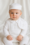 Baby Boy Baptism Outfit 3-Piece Set – White Christening Romper with Hat & Bib