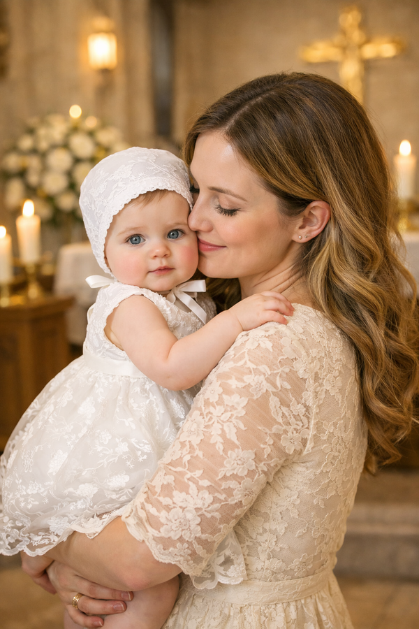 dress baptism mother Baby Girl White Lace Christening Dress with Matching Bonnet – Baptism