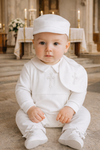 Baby Boy Baptism Outfit 3-Piece Set – White Christening Romper with Hat & Bib