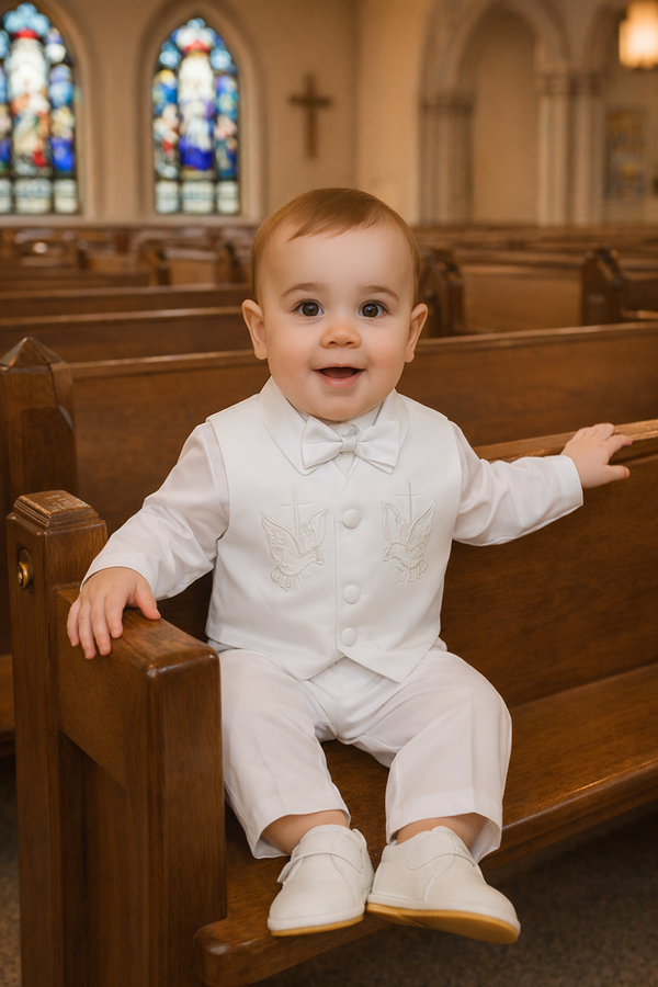 Baby Boy Christening Outfit – White Baptism Suit with Vest, Pants & Bonnet