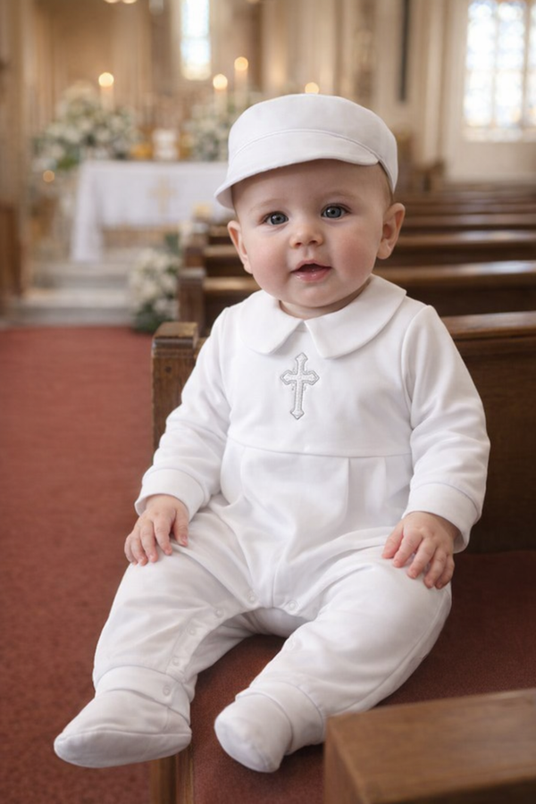 Baby Boy Baptism Outfit 3-Piece Set – White Christening Romper with Hat & Bib