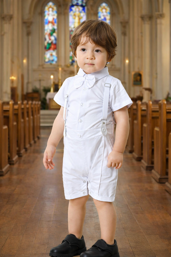 Baby Boy White Baptism Outfit with Vest, Bow Tie, Suspenders & Cap – Formal Christening Suit