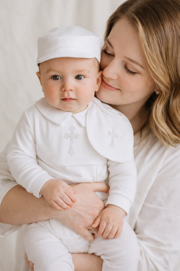 Baby Boy Baptism Outfit 3-Piece Set – White Christening Romper with Hat & Bib