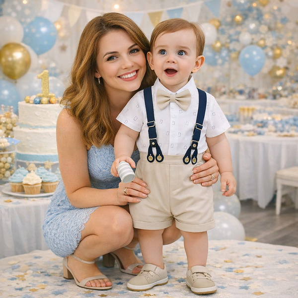 Baby Boy Suspender Outfit Set – White Shirt, Bow Tie & Shorts for Birthday or Photoshoot