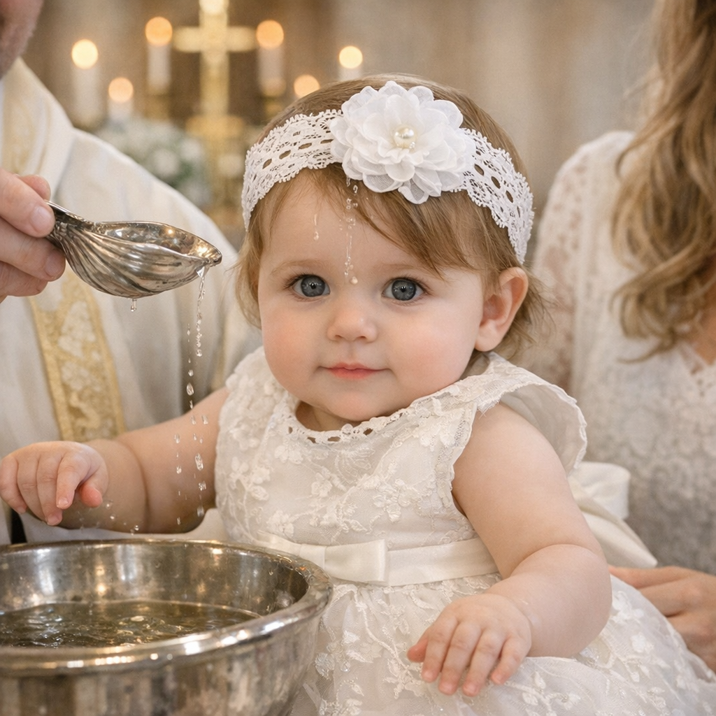 White Lace Baby Headband with Flower – Elegant Christening or Baptism Accessory