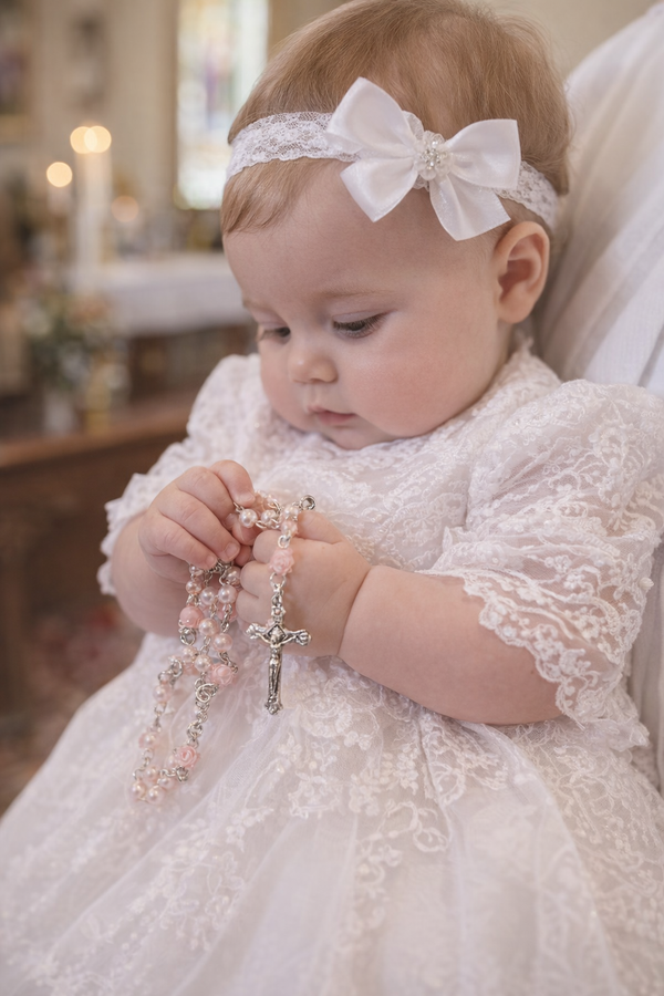 Pink Rose Bead Rosary with Silver Crucifix – Catholic Prayer Beads for Baptism & First Communion