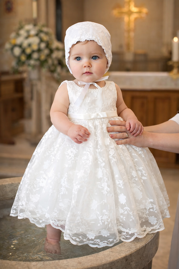 Baby Girl White Lace Christening Dress with Matching Bonnet – Baptism & Special Occasion Outfit