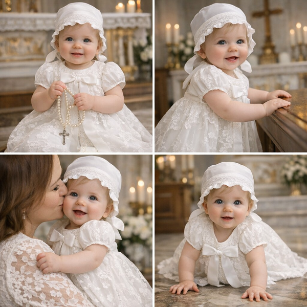 :     Luxury White Baby Girl Baptism Dress with Bonnet – Elegant Lace Christening Gown