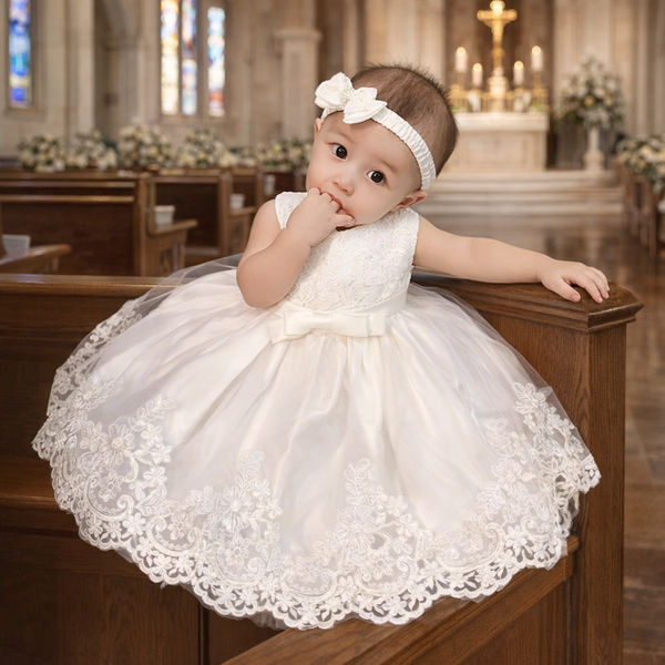 Christening Outfit Baby Girl  Handmade White Lace Baptism Dress with