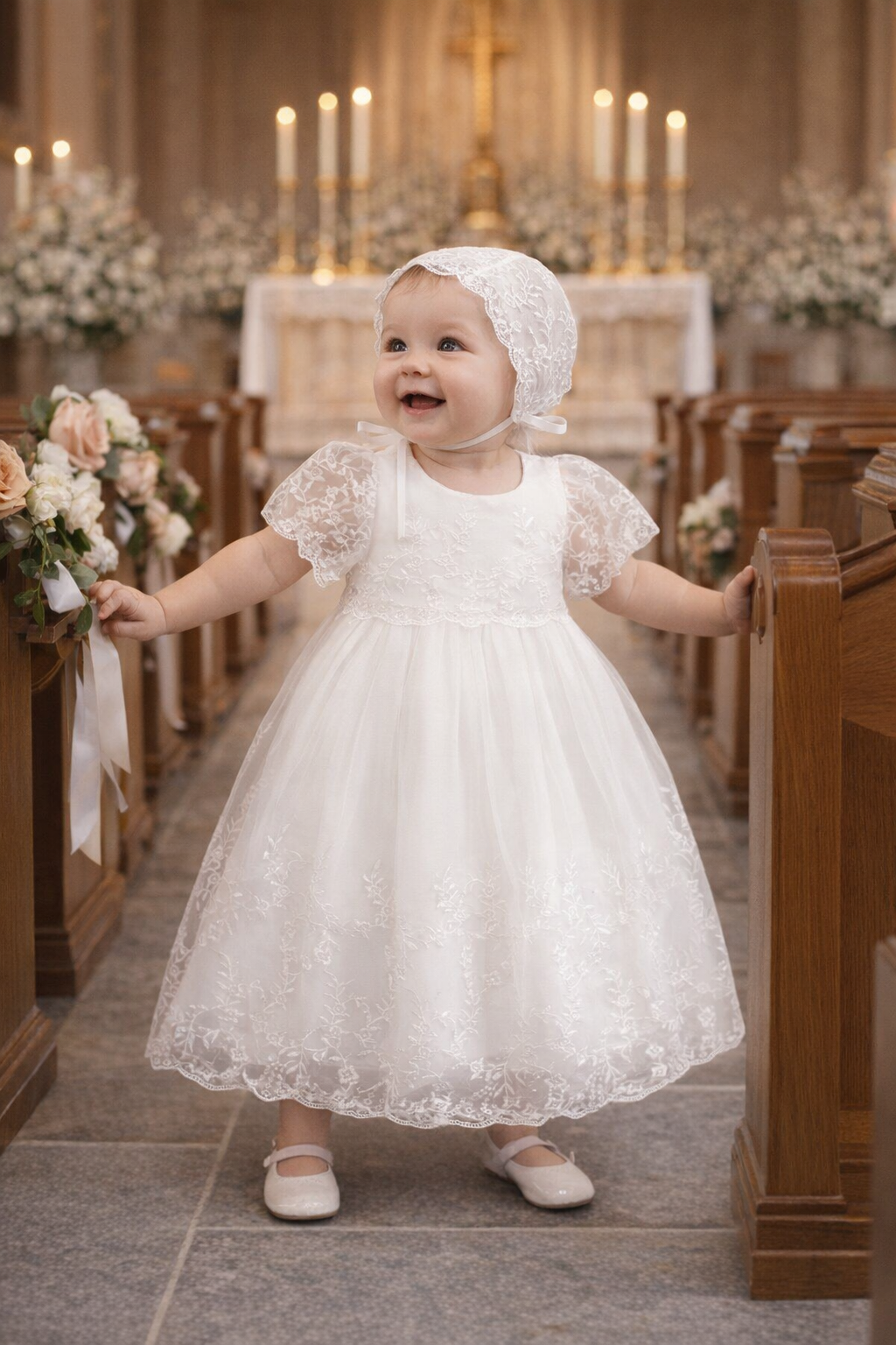 Elegant White Baby Dress for Special Occasions | Christening & Baptism Outfit, comes with bonnet and free socks